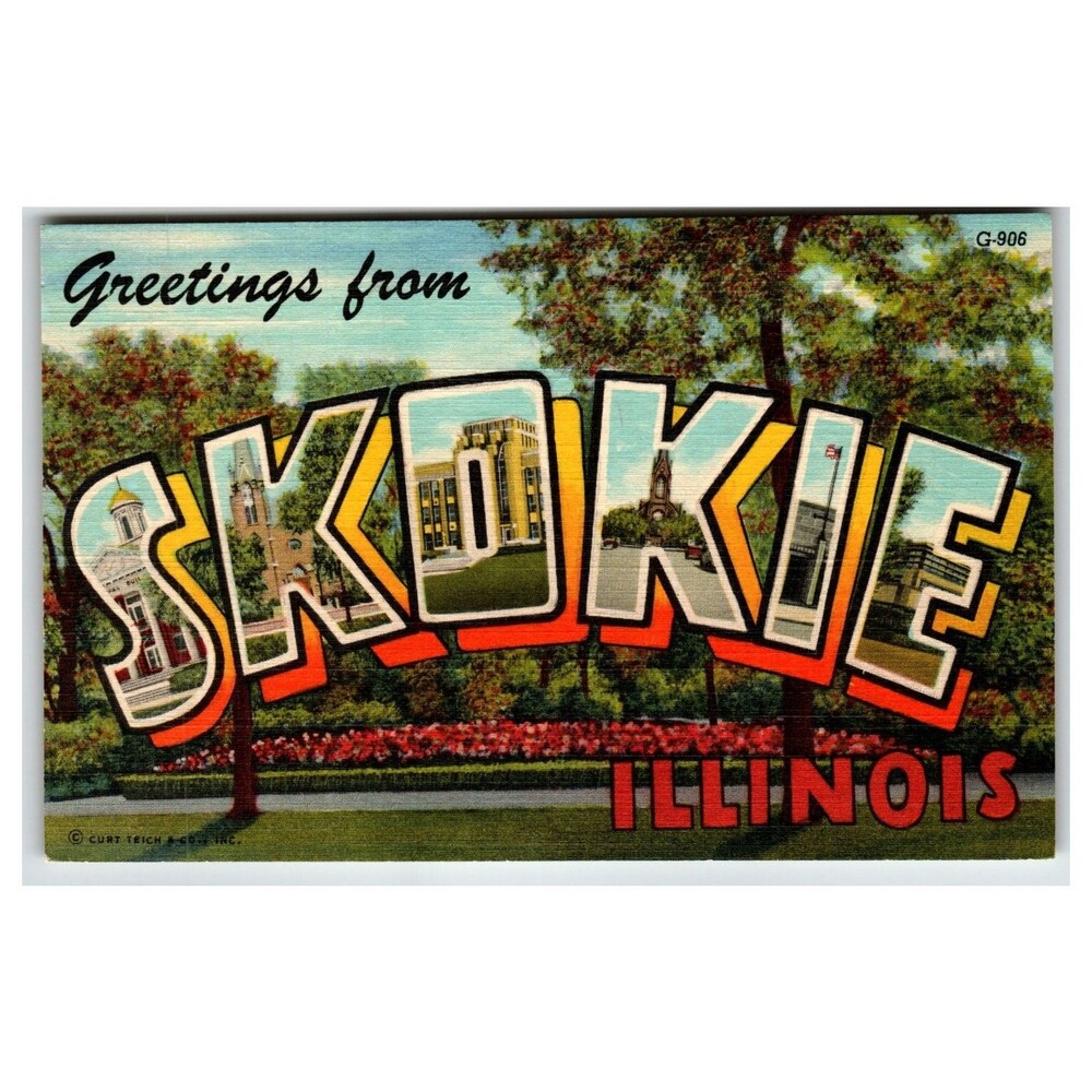 Greetings from Skokie Illinois Large Letter Linen Postcard Curt Teich Rare